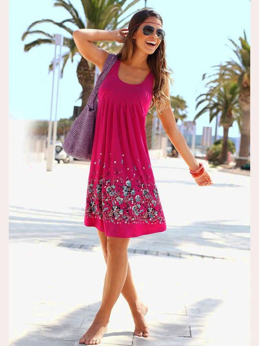dress summer sans sleeves with patterns floraux with details pleated