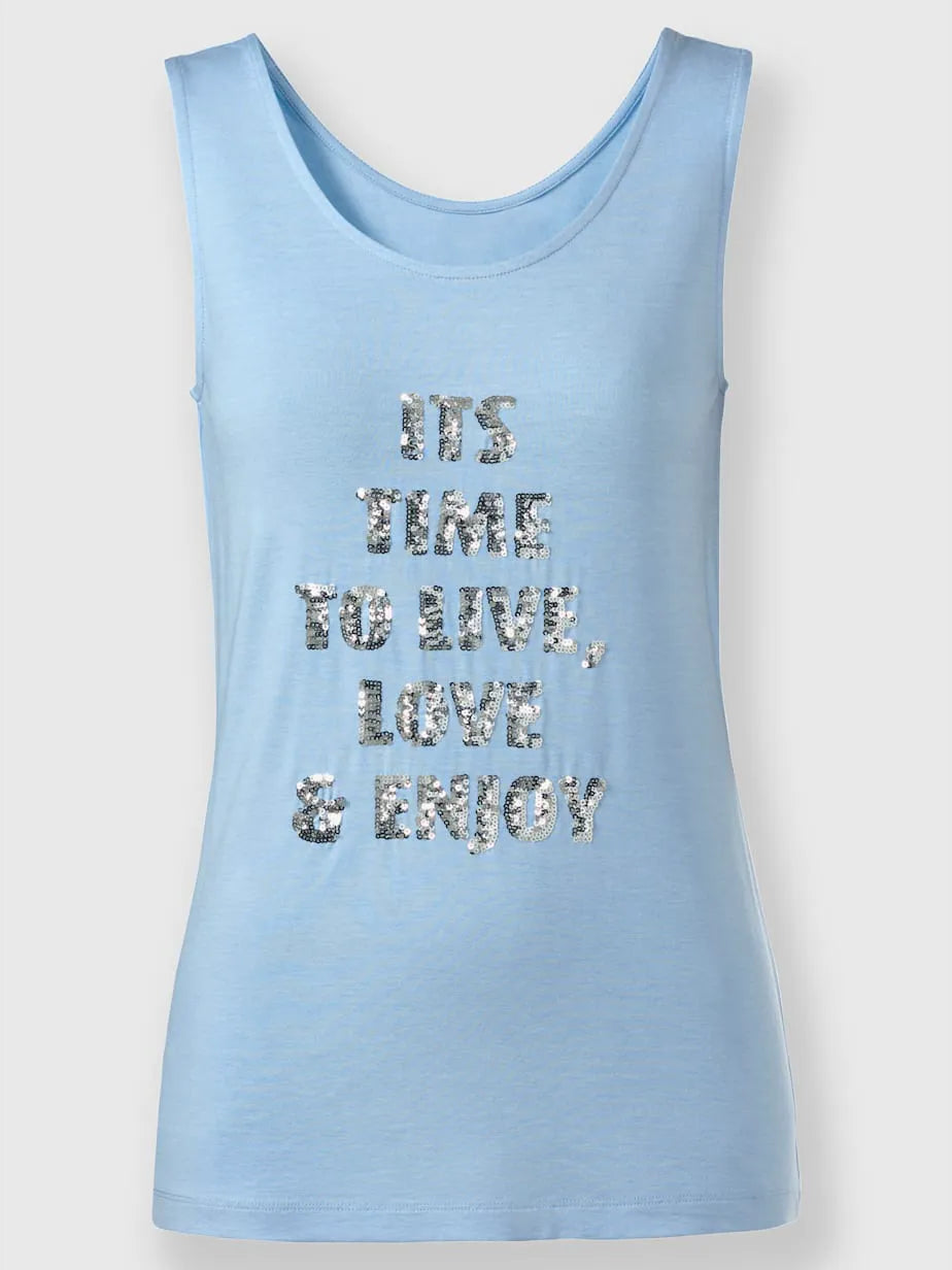 vest top with inscription in sequins and sleeves longues fluides