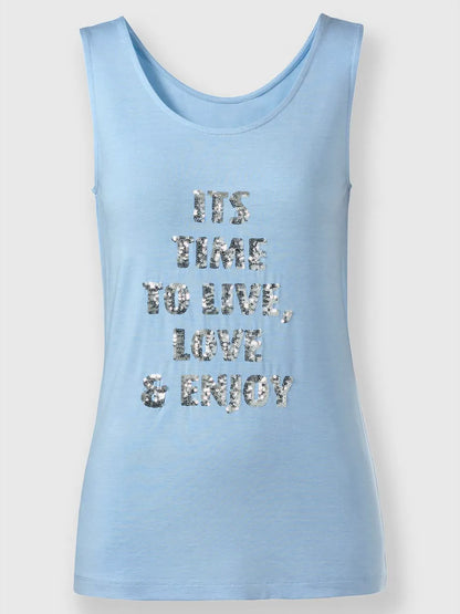 vest top with inscription in sequins and sleeves longues fluides