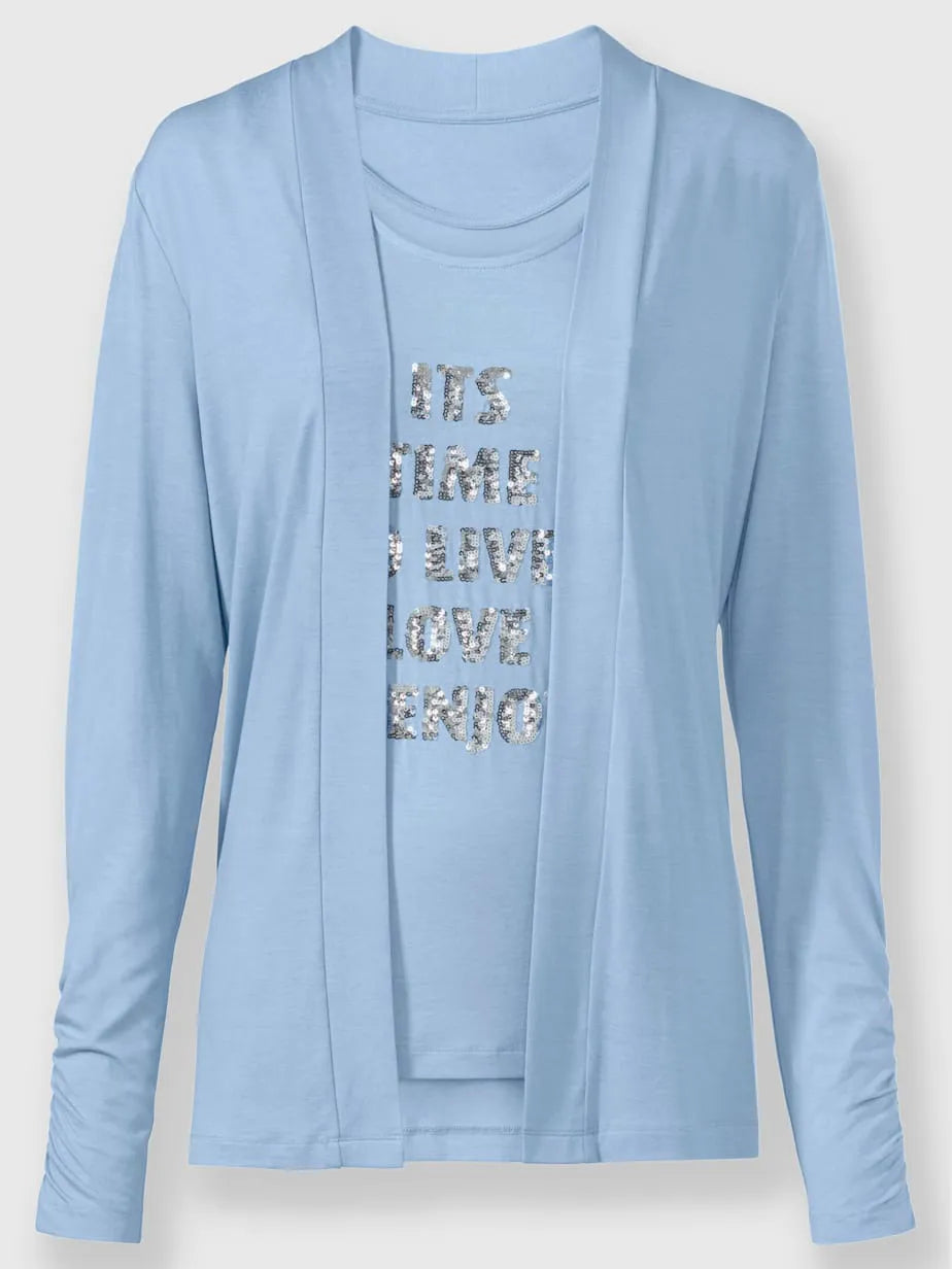 vest top with inscription in sequins and sleeves longues fluides