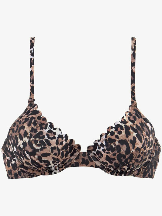 top of swimsuit with armatures with printed leopard and edges wavy