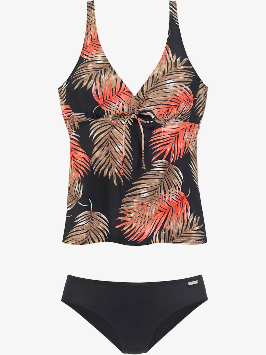 Tankini with armatures with printed palmiers and lien under the bust